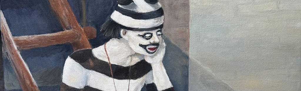 Oil painting of a Kachina Clown from the Hopi Reservation in Arizona.